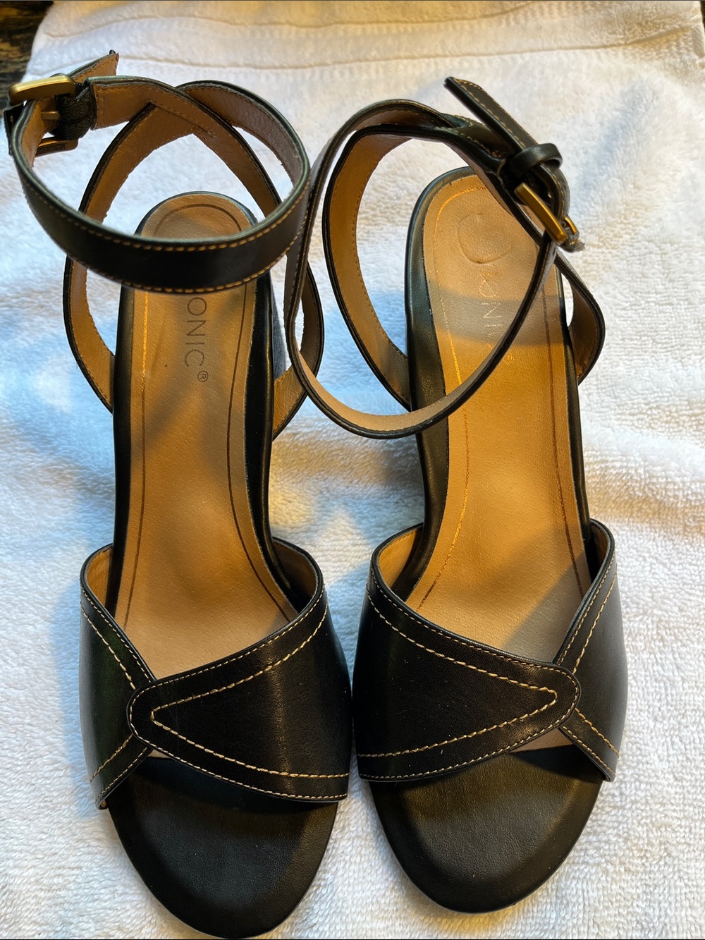 Vionic Black Leather Ankle-Strap Heels